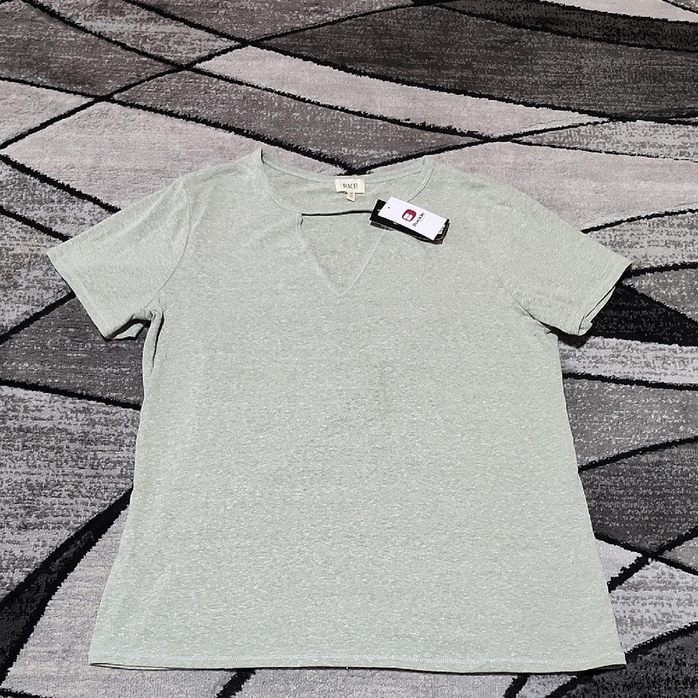 BKE CUT-OUT V-NECK SEAGRASS HEATHER KNIT TOP TEE-SHIRT MEDIUM